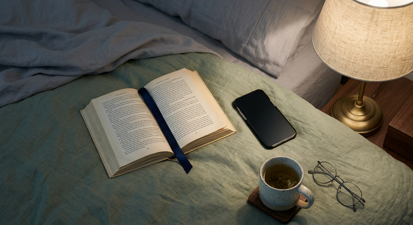 flat lay showing phone face-down, open book, dim lamp and cool bedroom environment for better sleep quality