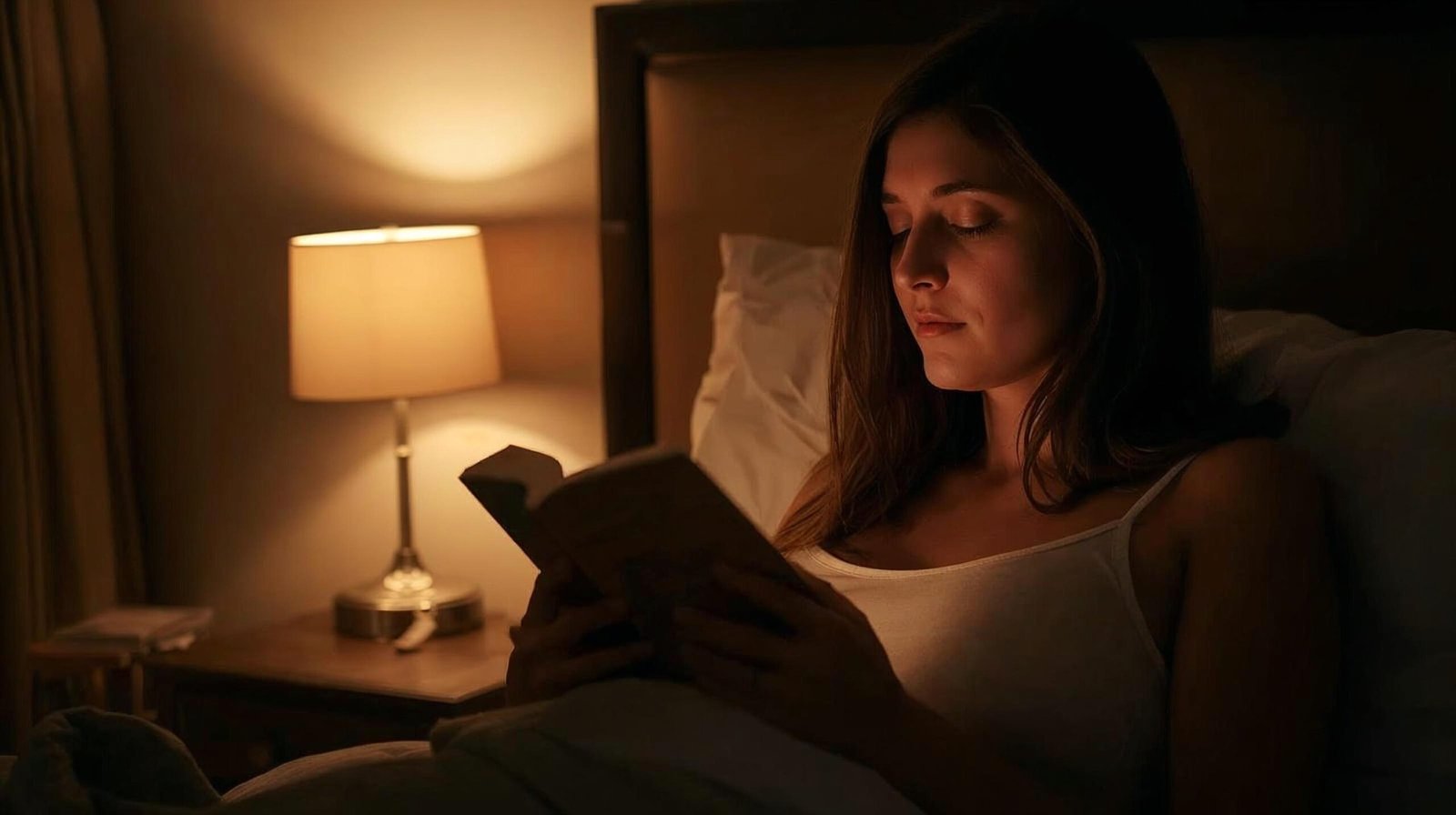 person reading a book in warm dim bedroom light with no screens, calm intentional bedtime routine for deep sleep optimization