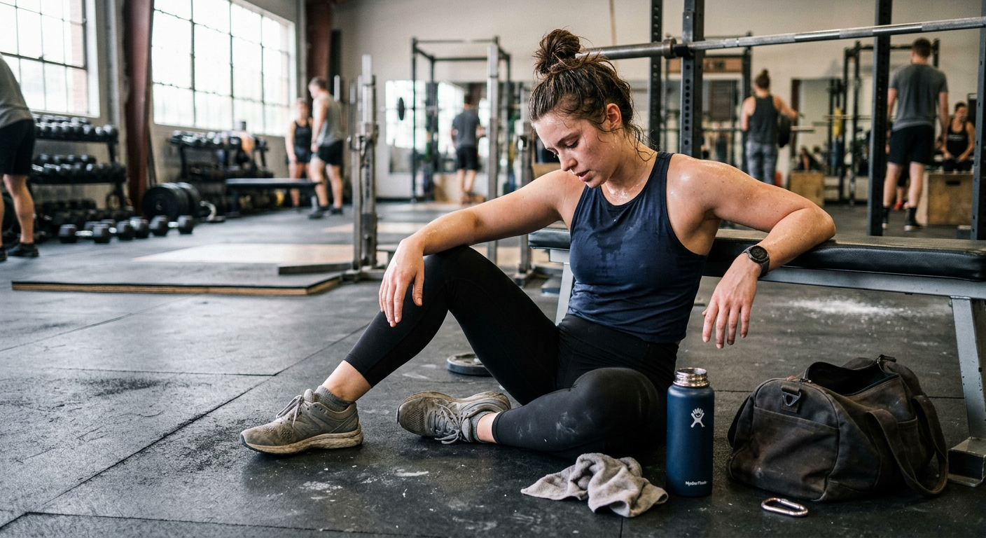 a woman sitting on gym floor looking exhausted and sore after workout, signs of slow recovery