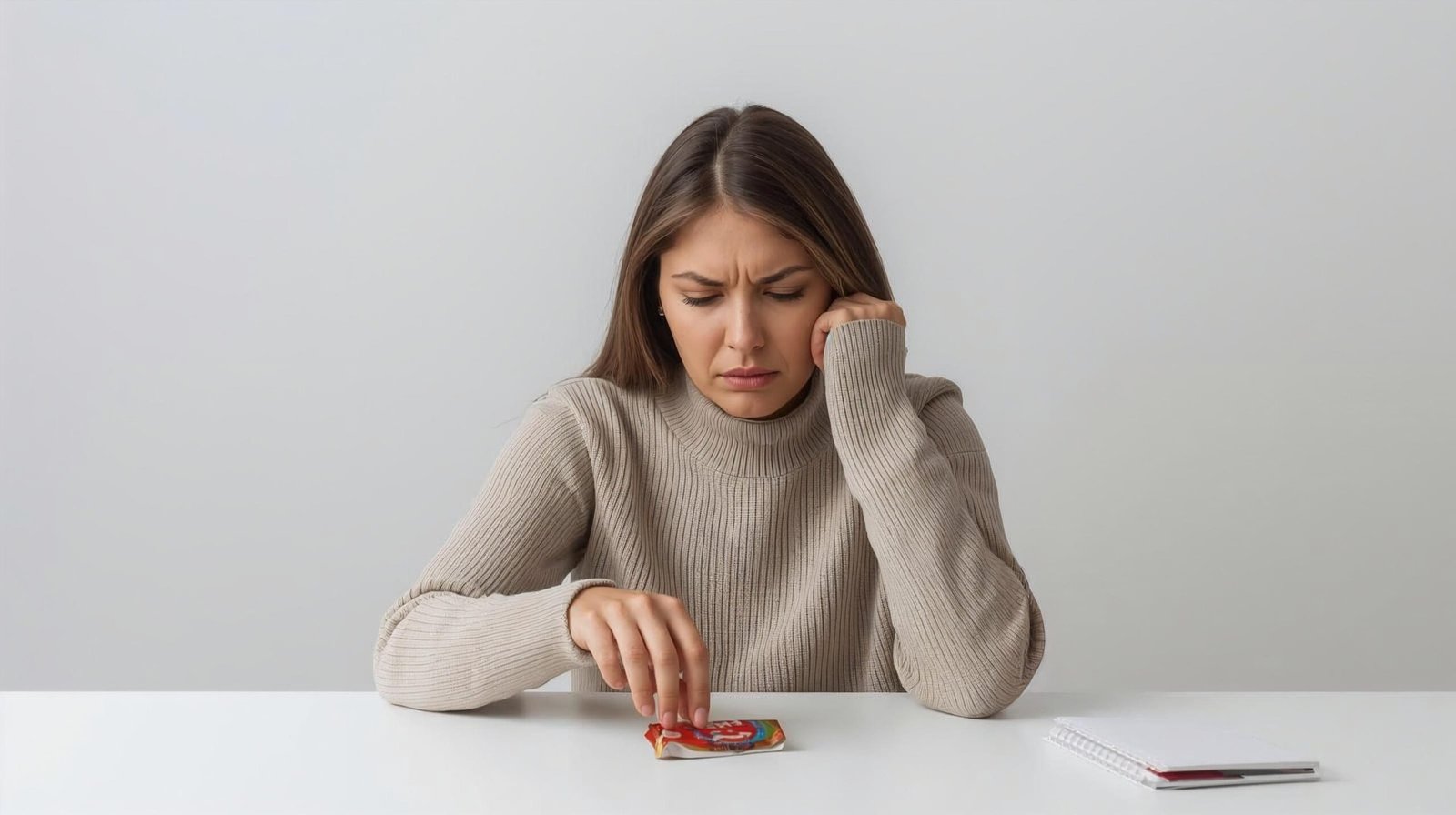 tired irritable person reaching for candy bar at desk showing blood sugar crash symptoms and sugar craving cycle