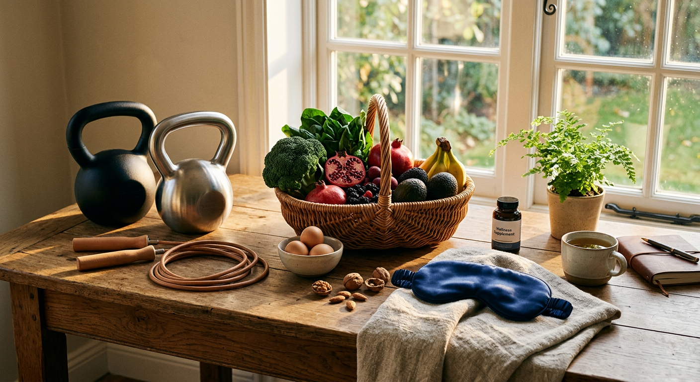 flat lay of testosterone-supporting lifestyle items — weights, healthy food, sleep mask and sunlight