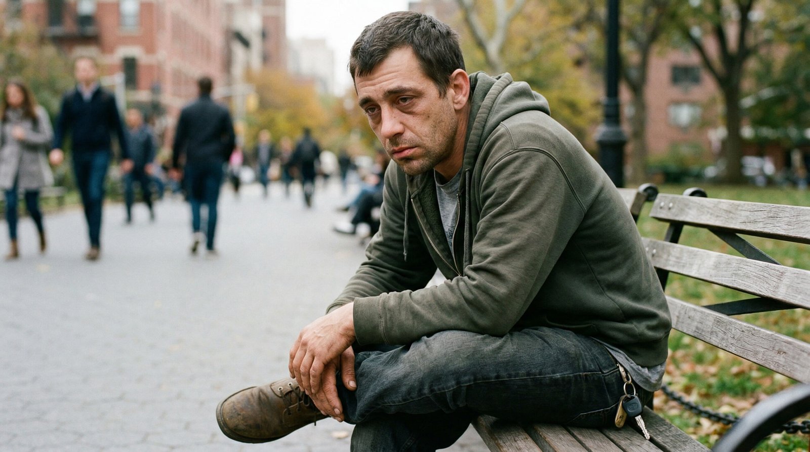 young man under 50 looking fatigued and low energy sitting outdoors in natural light