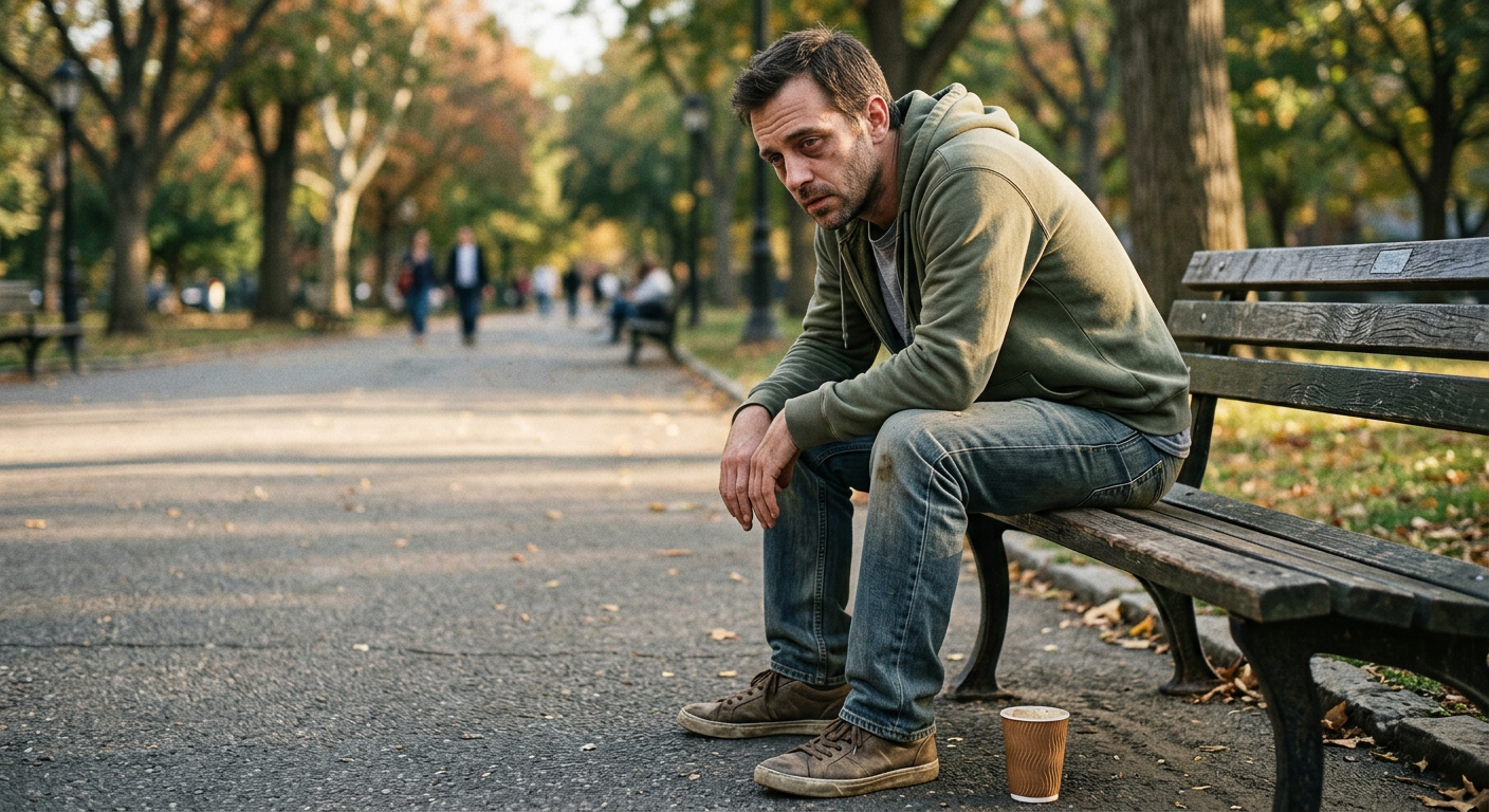 young man under 50 looking fatigued and low energy sitting outdoors in natural light