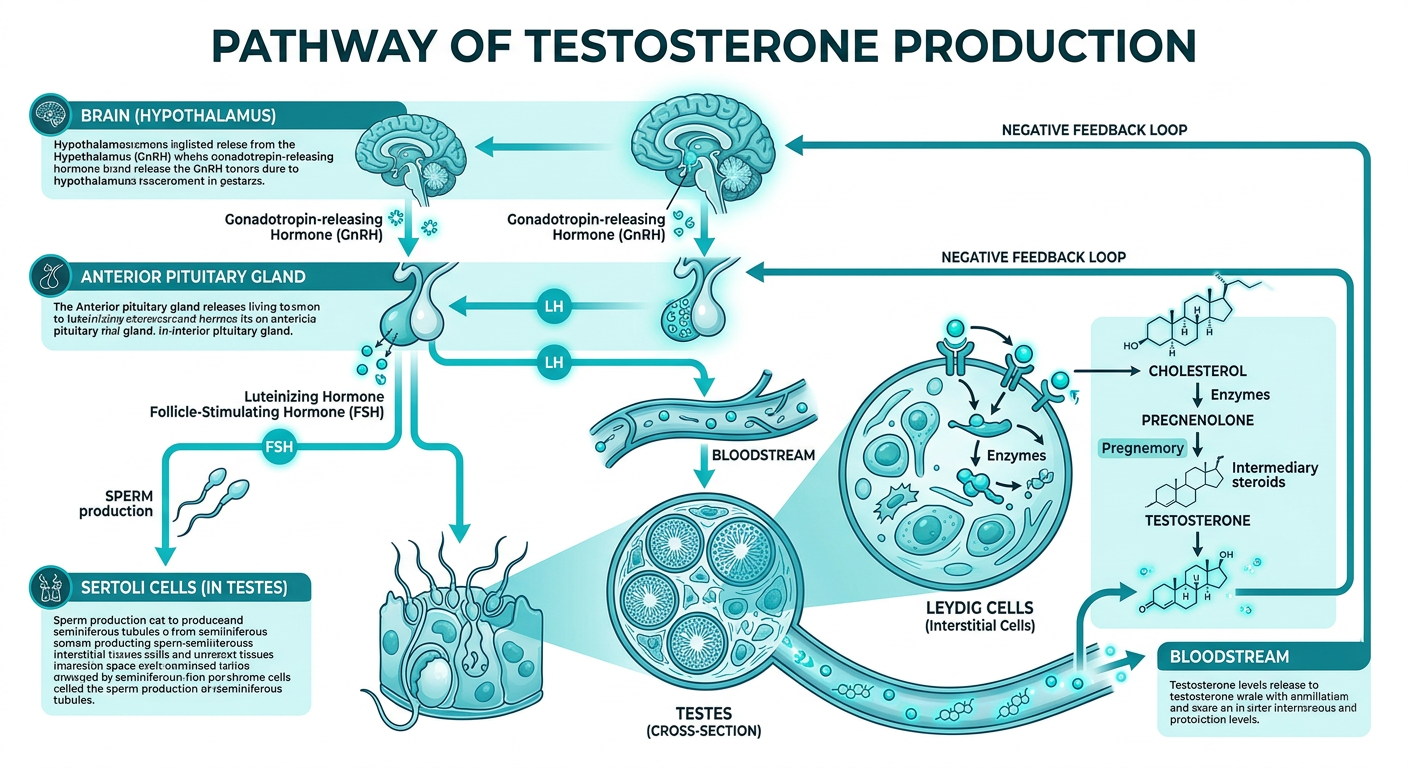 diagram showing testosterone production pathway from brain to Leydig cells, teal and white infographic