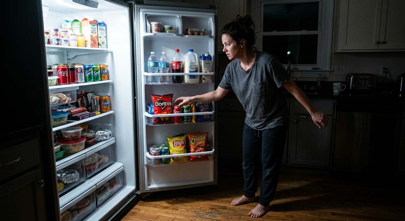 person standing in kitchen at night opening fridge full of ultra-processed snacks, compulsive eating scene