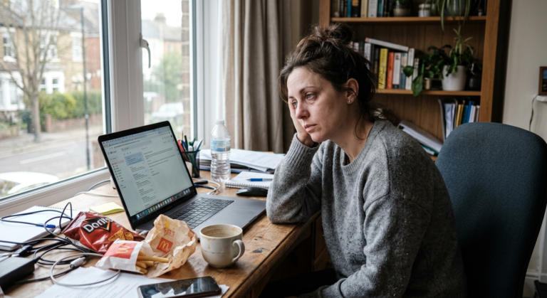 woman staring blankly at laptop screen, looking foggy and unfocused, empty snack wrappers nearby
