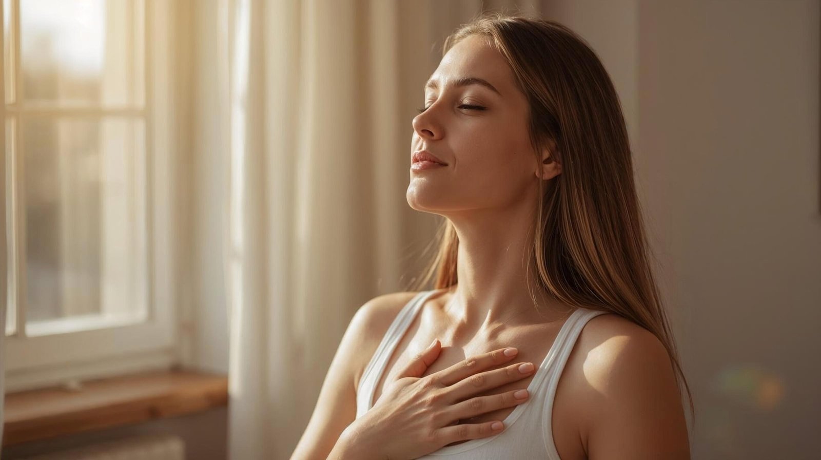 person doing slow diaphragmatic breathing with hand on belly near a sunlit window, calm vagus nerve activation practice