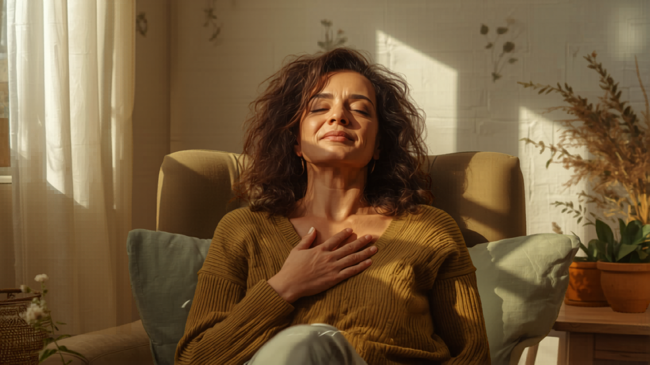 person sitting quietly with hand on chest practicing slow breathing to activate vagus nerve, soft natural indoor light