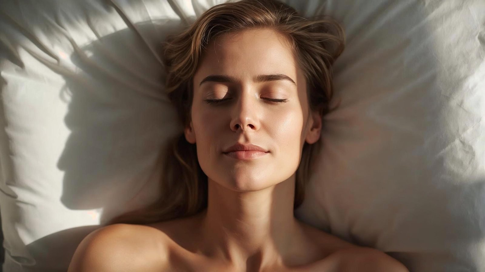 person waking up genuinely refreshed and rested in soft natural morning light, calm and clear-headed, no alarm deep sleep recovery