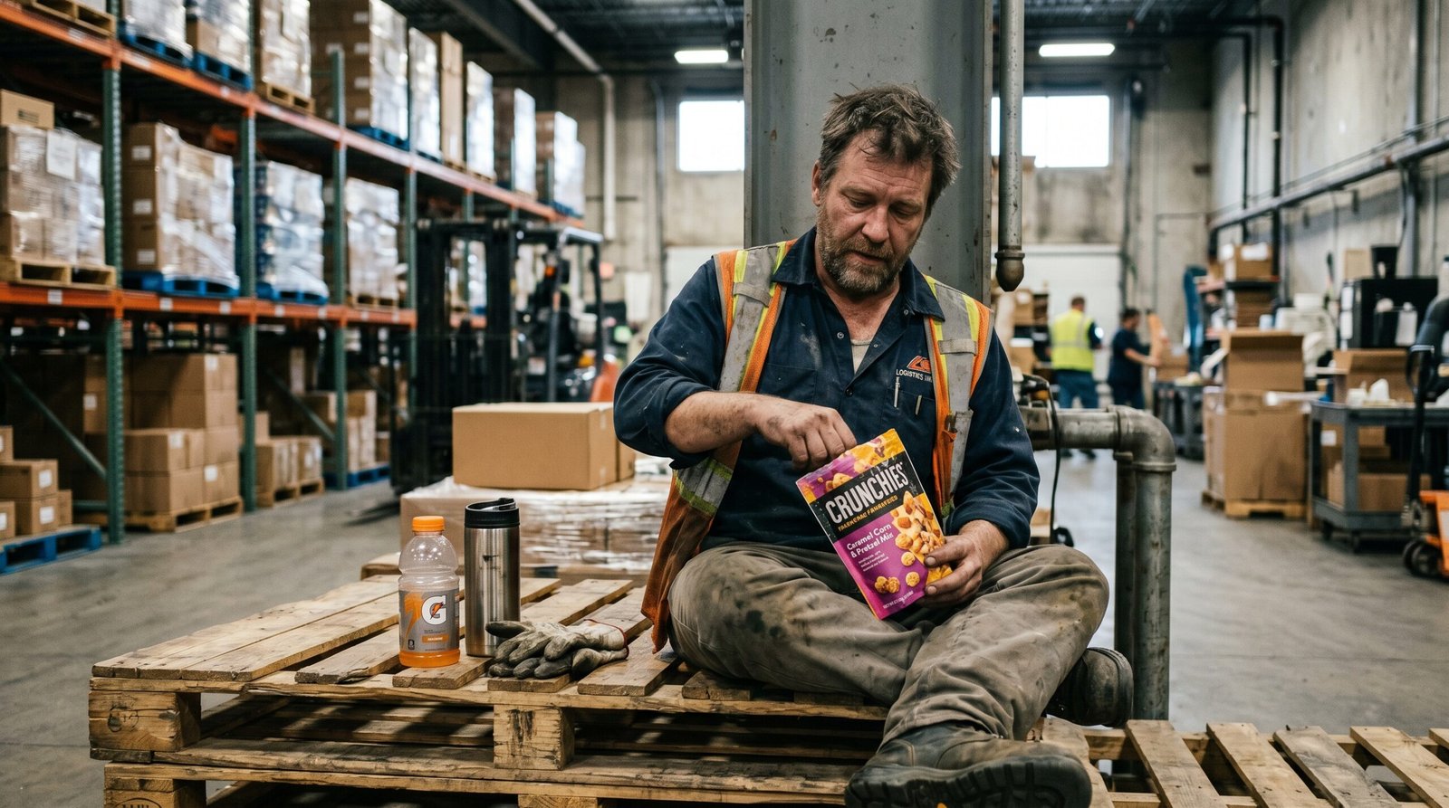 warehouse worker during afternoon break looking tired, reaching for a sugary snack from a bag