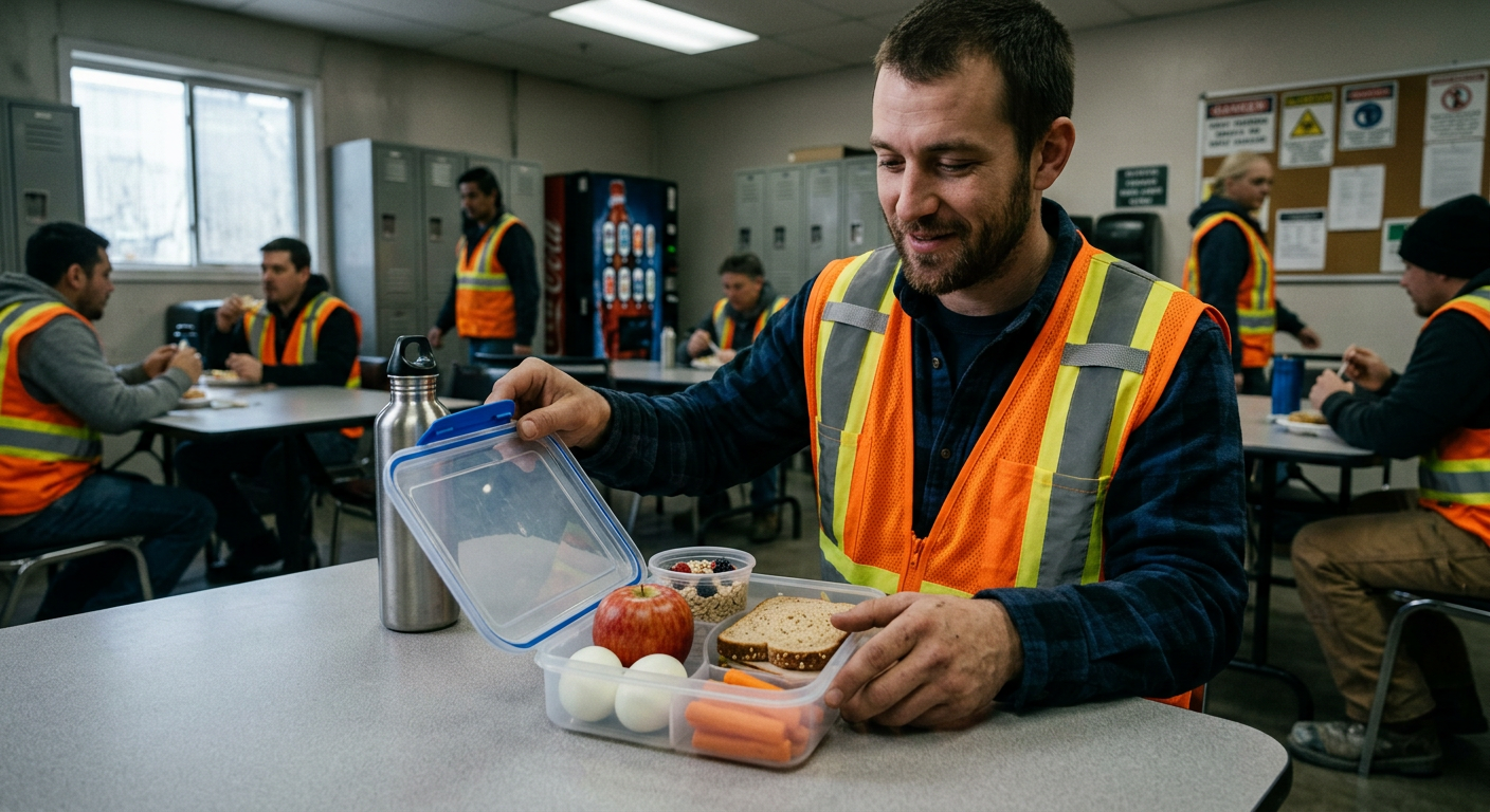 warehouse worker opening a packed lunch with whole foods — apple, eggs, and oats — during break