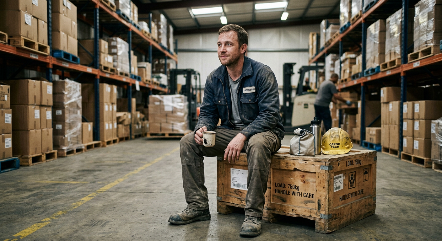 warehouse worker taking a break, sitting on a crate, looking physically tired but determined