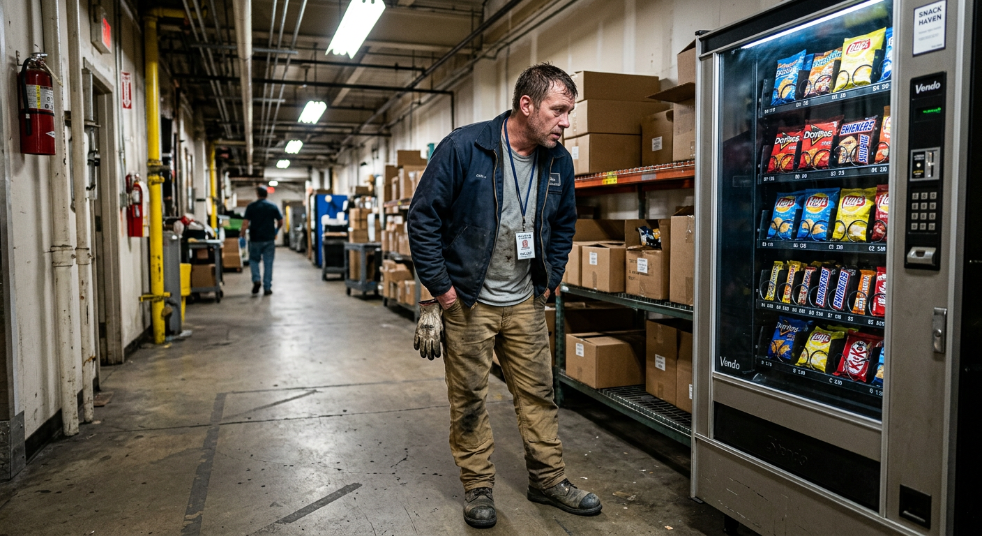 warehouse worker standing in front of a vending machine, looking tired, choosing between packaged snacks