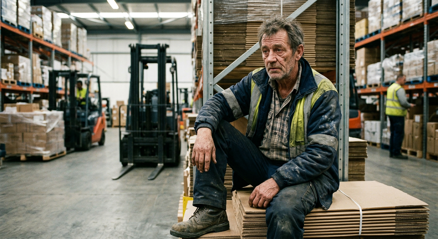 warehouse worker looking tired and slightly aged after long shift, authentic worn-out expression
