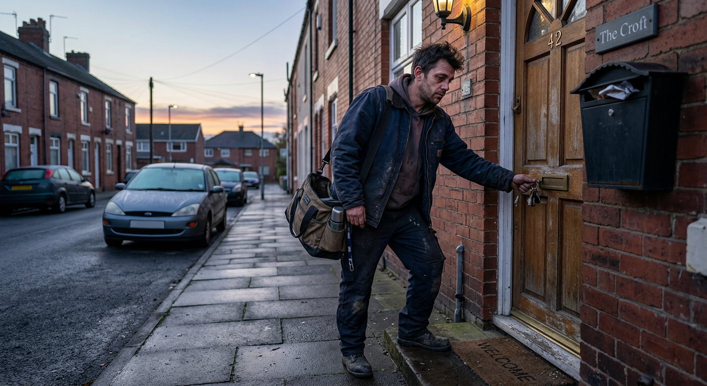 tired shift worker arriving home in early morning light, looking mentally exhausted, relatable working life scene