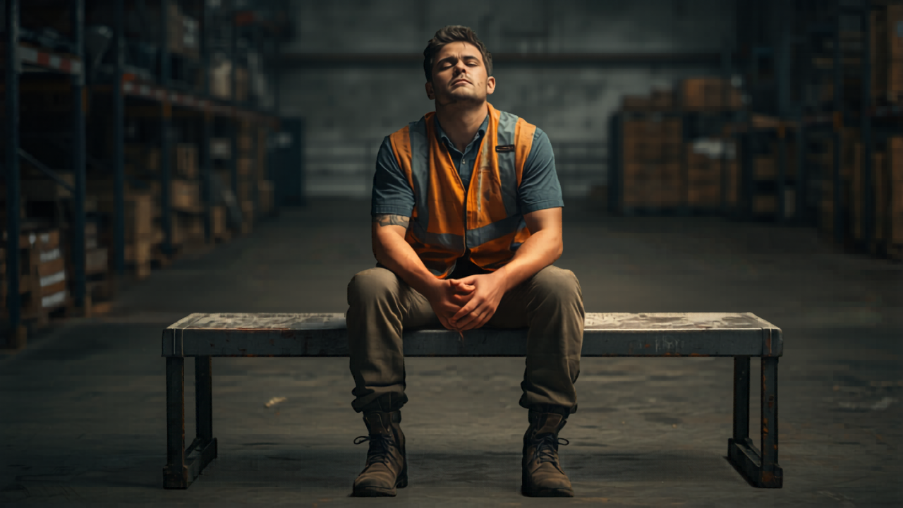 warehouse worker sitting alone with eyes closed breathing slowly on break, honest industrial setting, quiet moment of nervous system reset