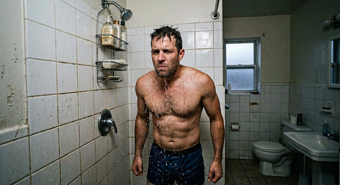 warehouse worker in morning routine taking cold shower looking alert and recovered, honest setting