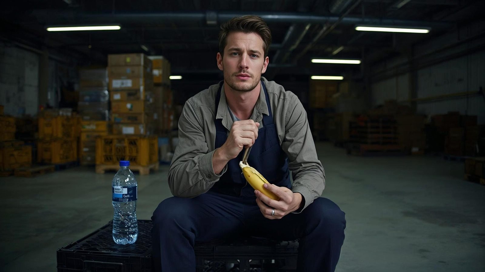 warehouse worker sitting on break eating banana and drinking water, authentic industrial setting, calm recovery moment
