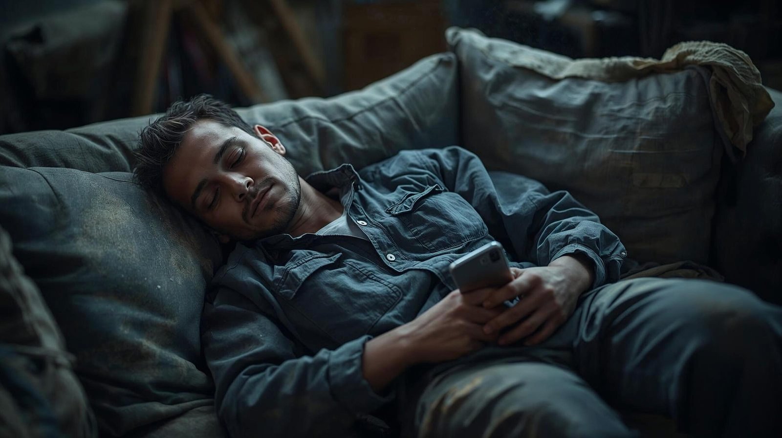exhausted warehouse worker collapsed on couch still in work clothes after a long shift, phone in hand, authentic unglamorous scene