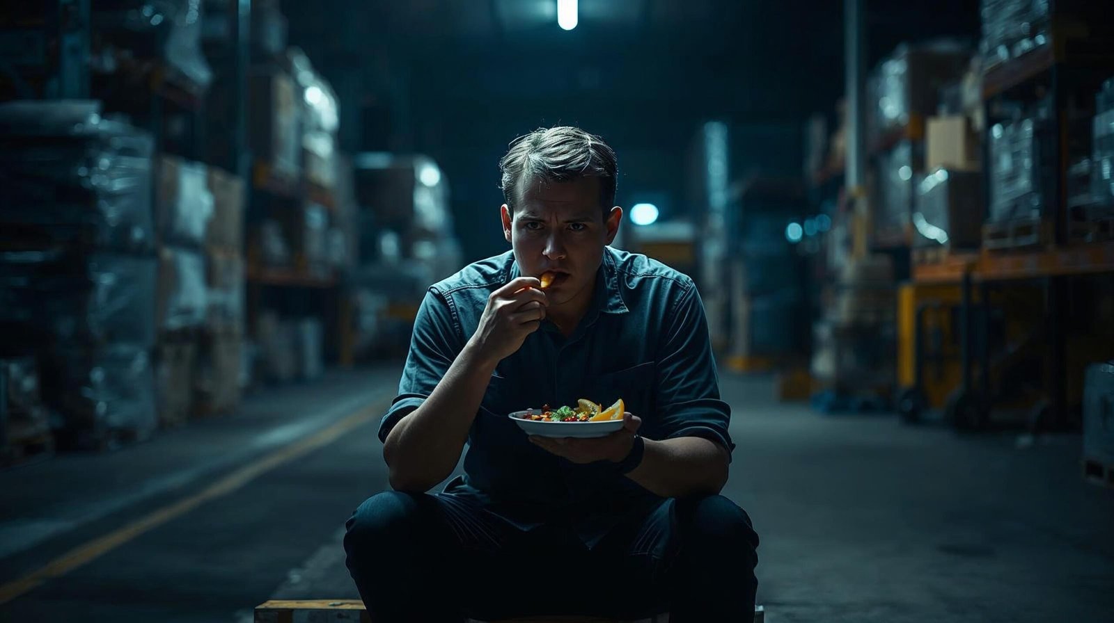 warehouse worker eating healthy lunch break yogurt fruit authentic recovery moment