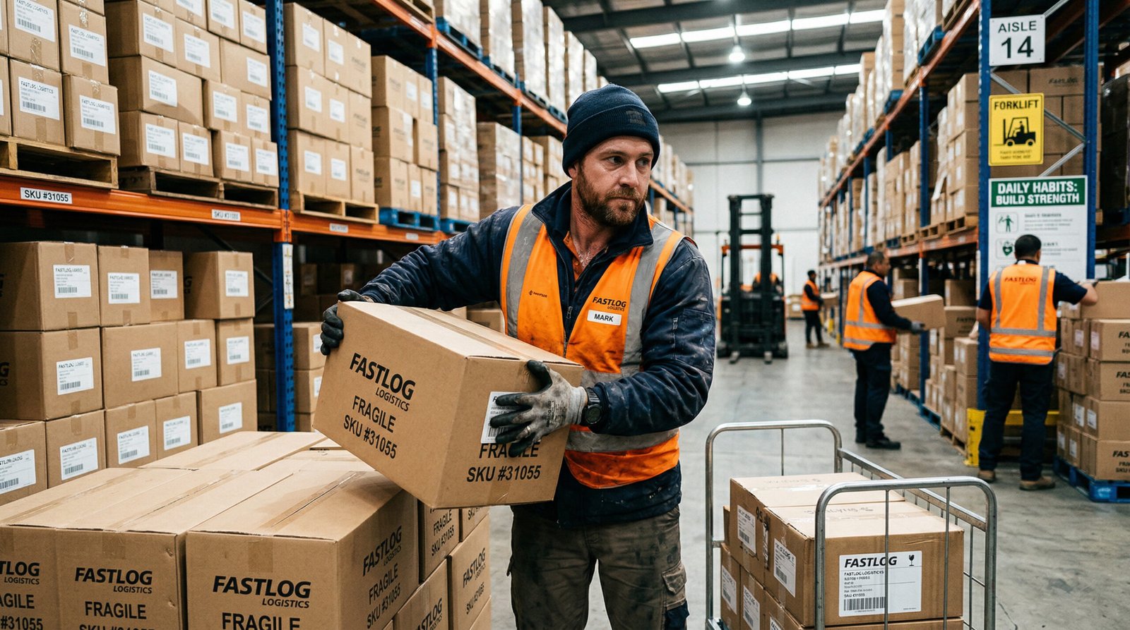 warehouse worker looking focused and purposeful during shift, showing the result of rebuilding motivation through daily habits