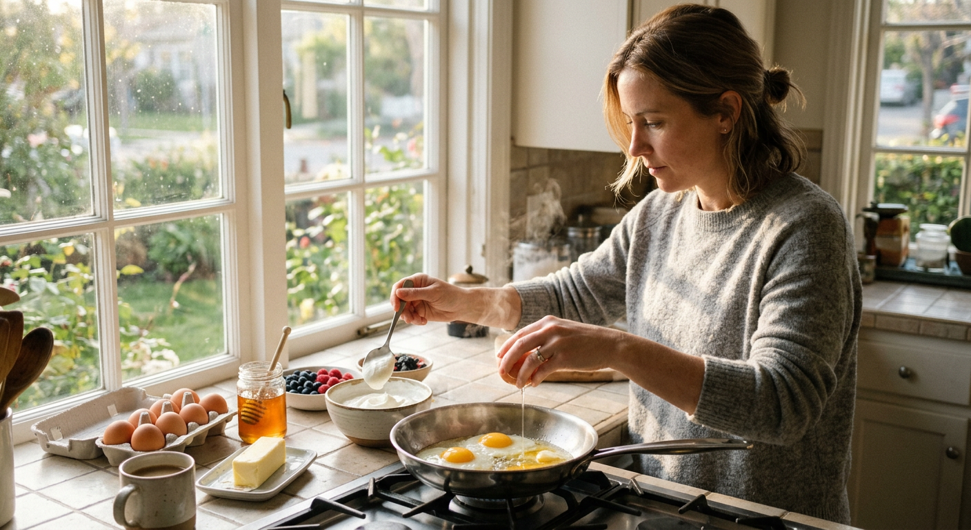 a woman preparing eggs and yogurt breakfast in real kitchen before a shift, authentic everyday scene