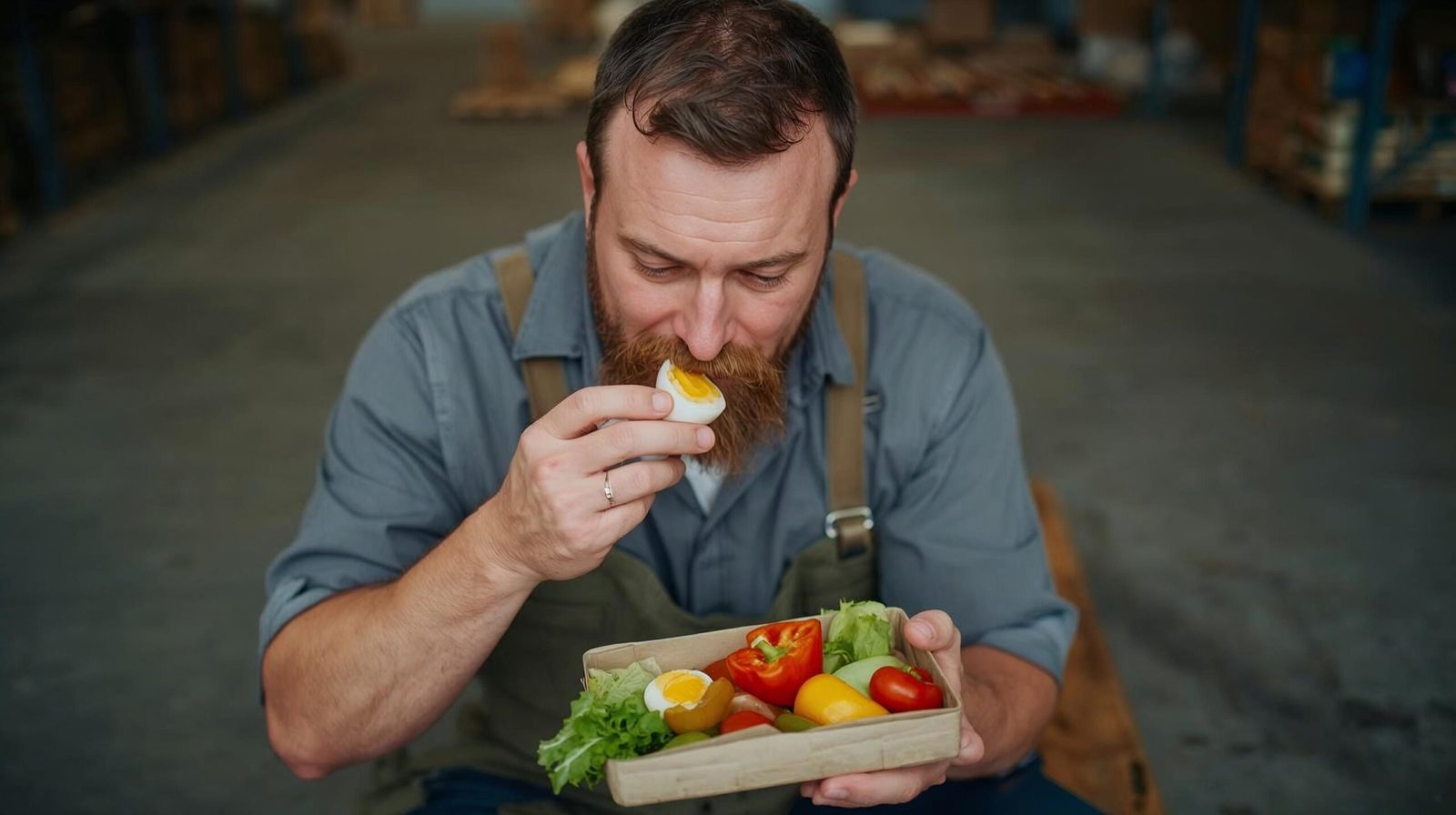 warehouse worker eating a packed lunch with eggs and vegetables on break, honest industrial setting, authentic real food meal