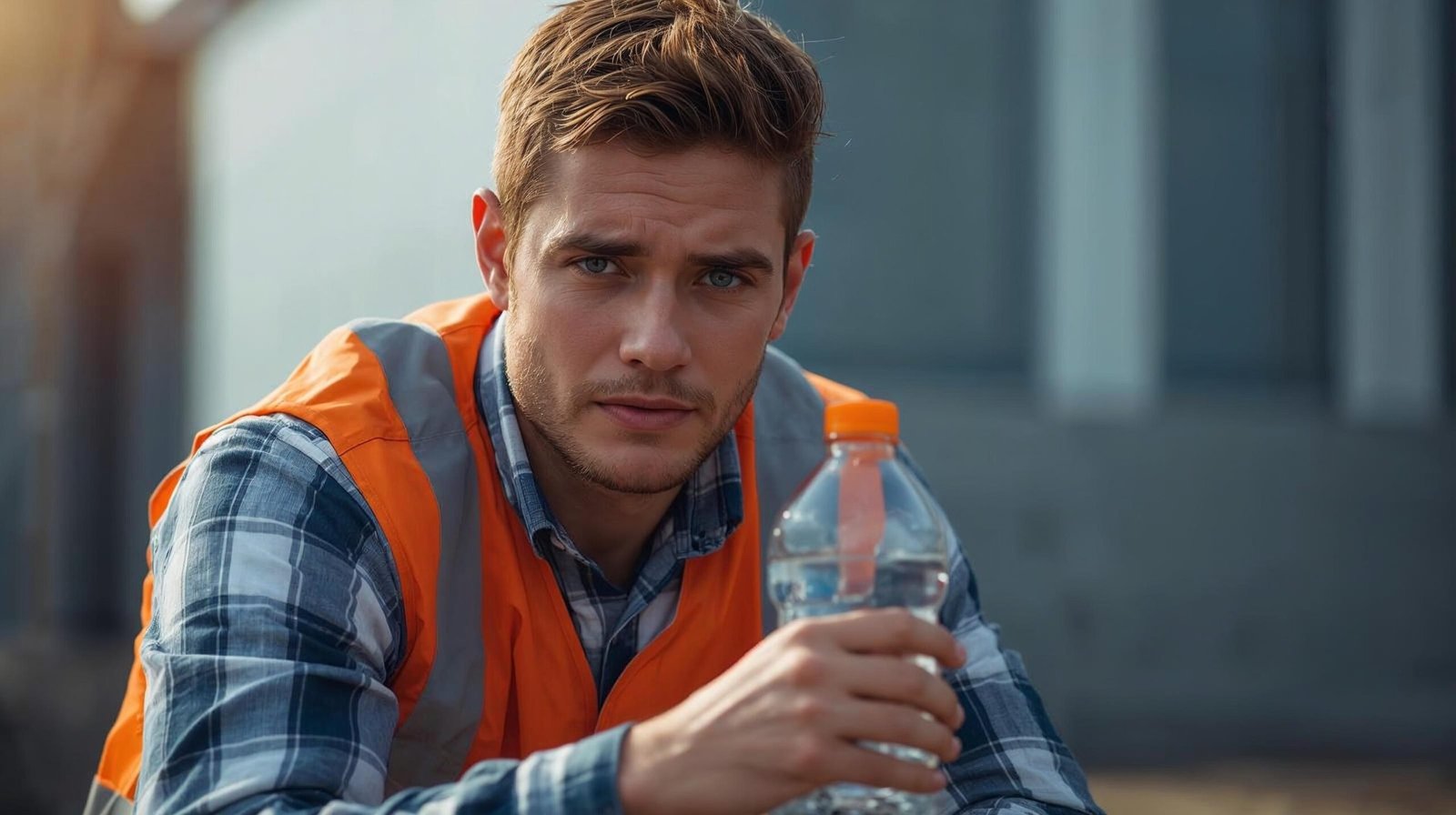 male worker on break outside holding water bottle, reflective tired look, authentic natural light