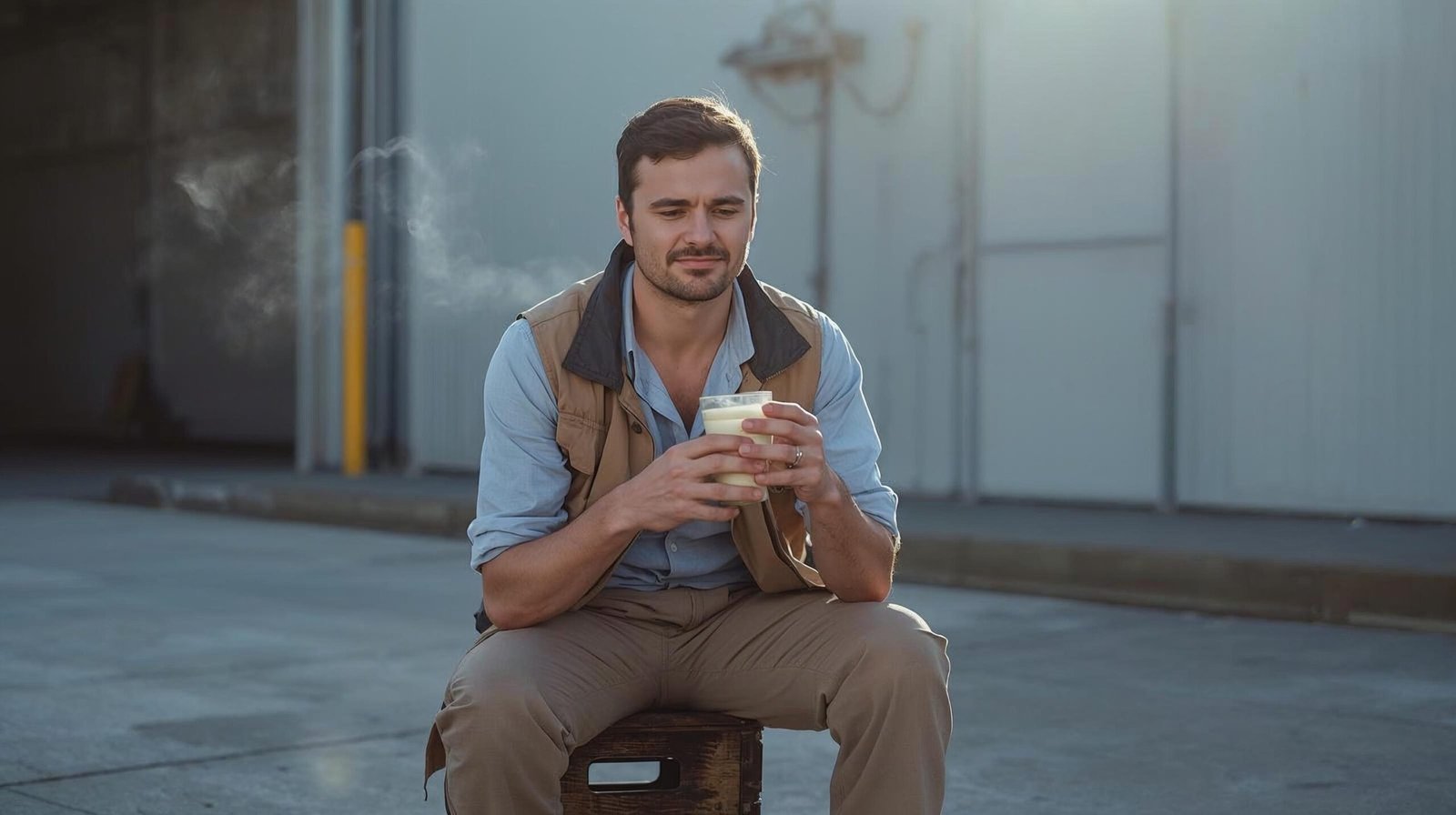 warehouse worker taking a calm break outdoors with a herbal drink, showing stress recovery and relief