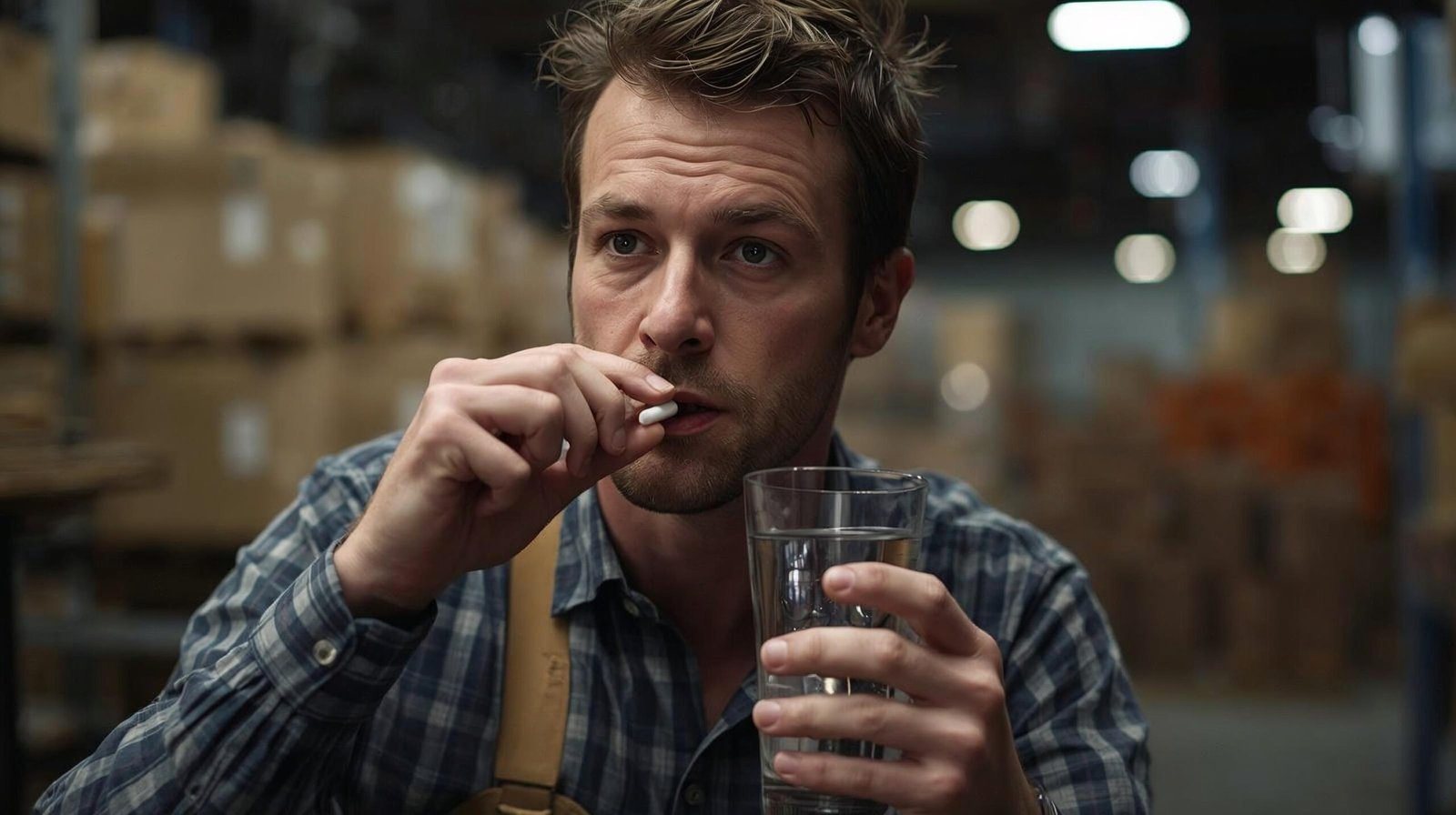 warehouse worker taking supplement capsule with water during break honest authentic documentary