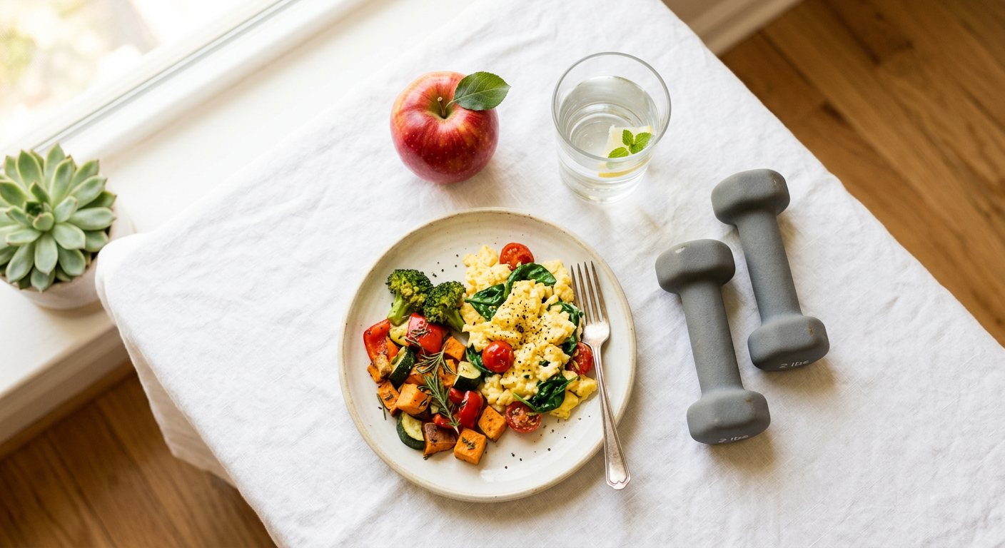 flat lay of whole foods and dumbbells representing the four reversal habits for insulin resistance