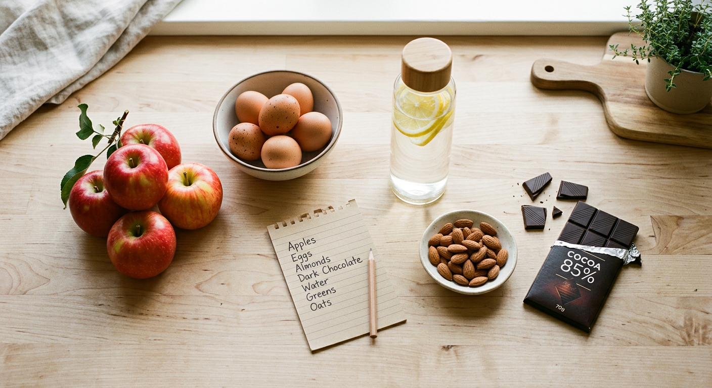 flat lay of whole foods replacing ultra-processed items: fruits, eggs, nuts, water bottle on clean kitchen counter