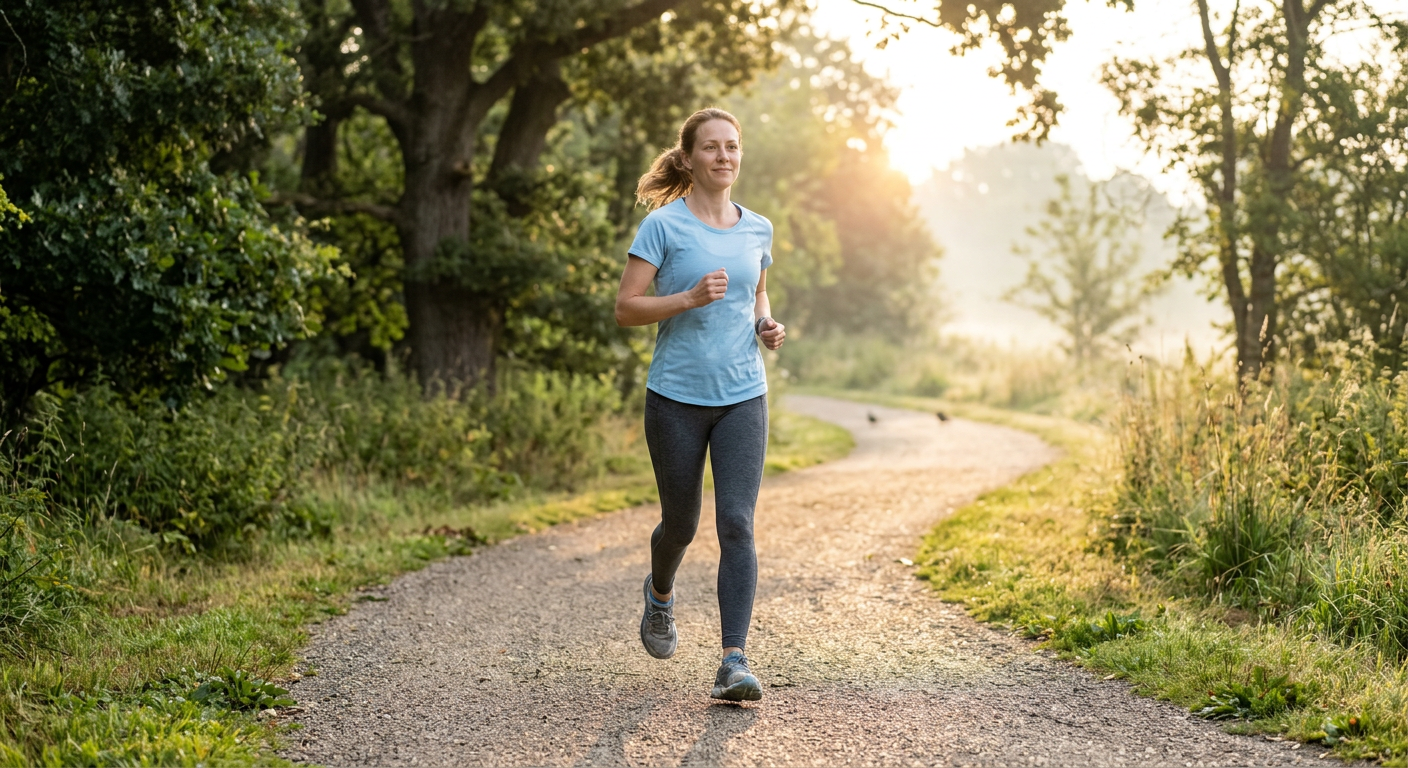 a woman jogging at an easy conversational pace outdoors in morning light, calm and sustainable effort