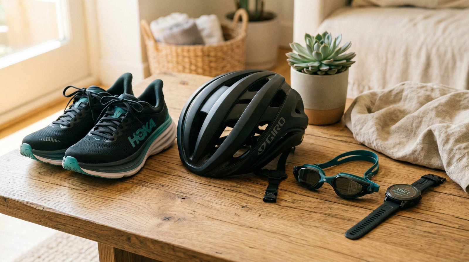 flat lay showing zone 2 cardio activity options — running shoes, bicycle, swim goggles, heart rate monitor