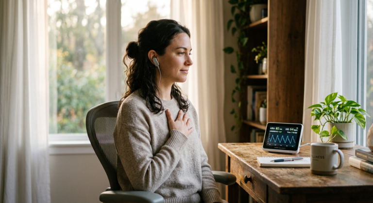 person sitting quietly at desk in morning light with hand on chest and HRV monitor, calm expression