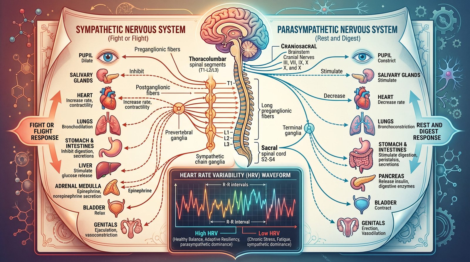 diagram of autonomic nervous system showing sympathetic and parasympathetic branches and HRV waveform