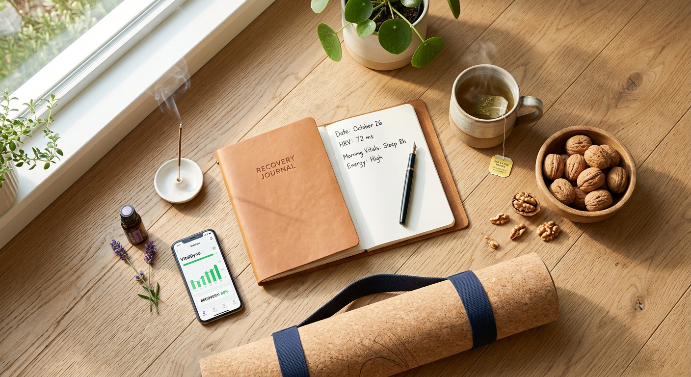 flat lay of HRV recovery tools including journal herbal tea walnuts and yoga mat in morning light