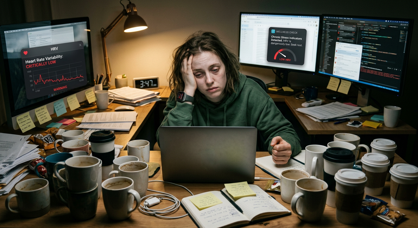exhausted person at desk surrounded by coffee cups looking overwhelmed, signs of chronic stress and low HRV