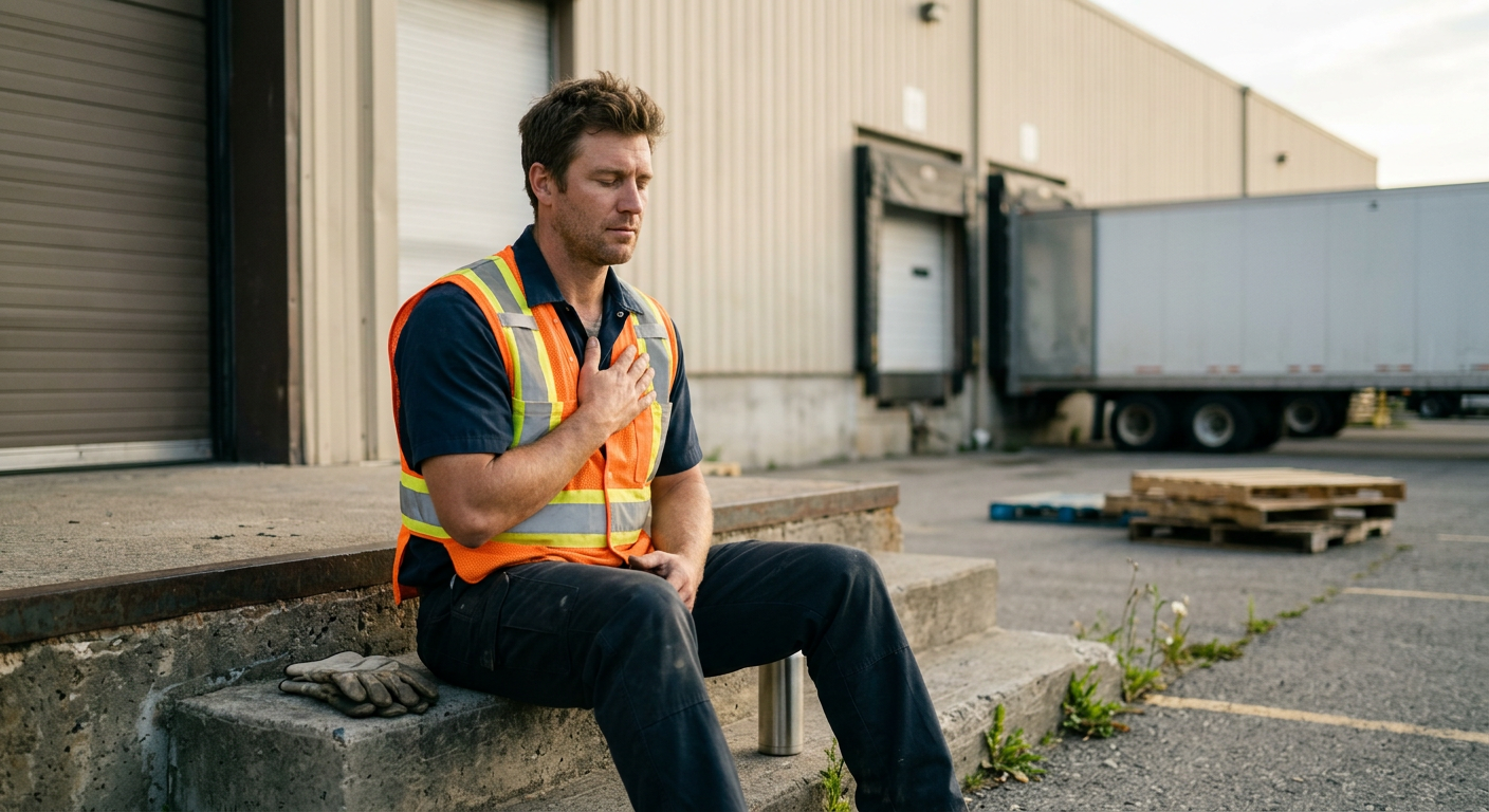 warehouse worker sitting outside during break doing slow breathing exercise with hand on chest